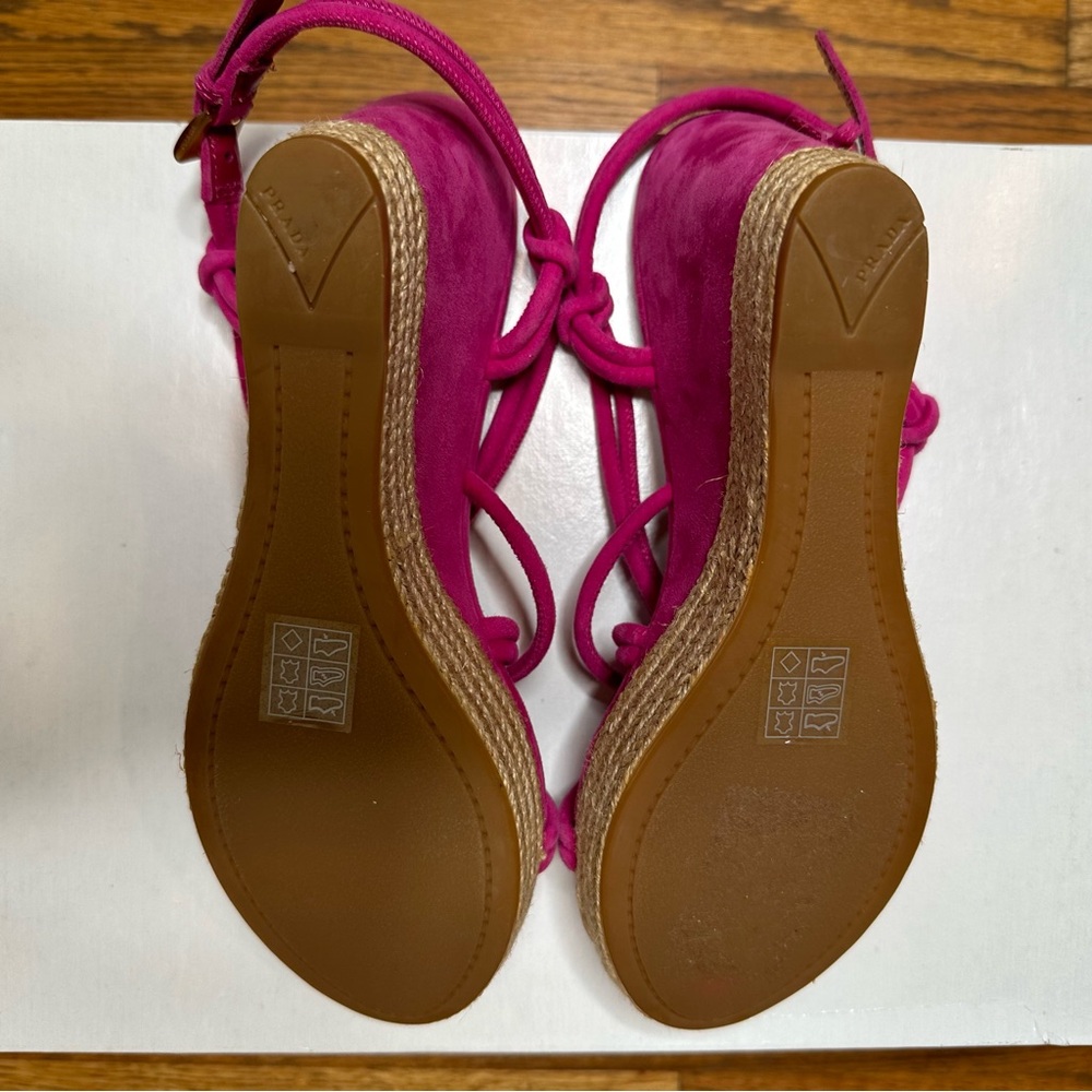 Prada, Fuscia Suede Raffia-Wrapped Espadrille Wedge Sandal, NWOT, Size 7 - Picture 6 of 10
